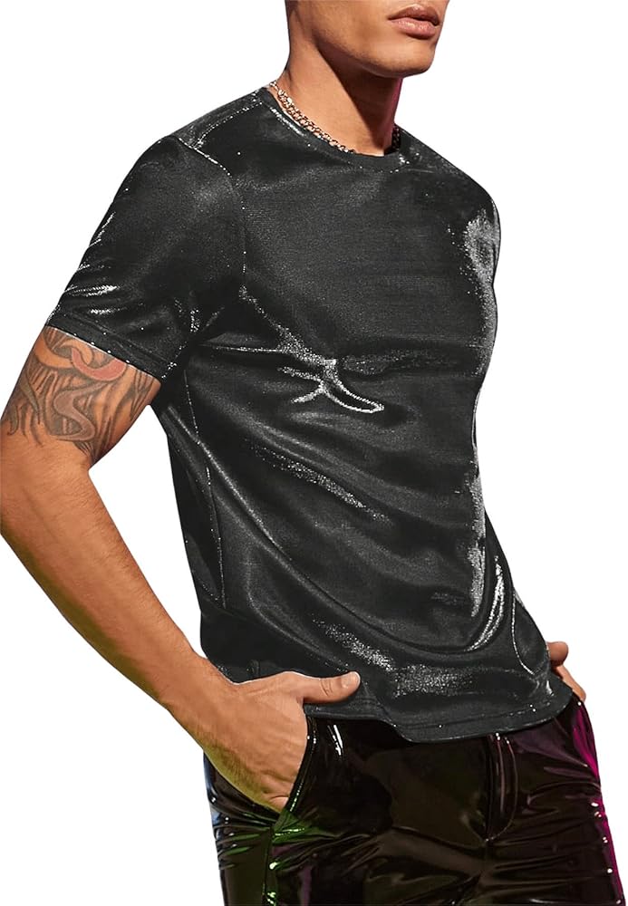 WDIRARA Men's Metallic T Shirt Holographic Round Neck Short Sleeve Shiny Tee Tops