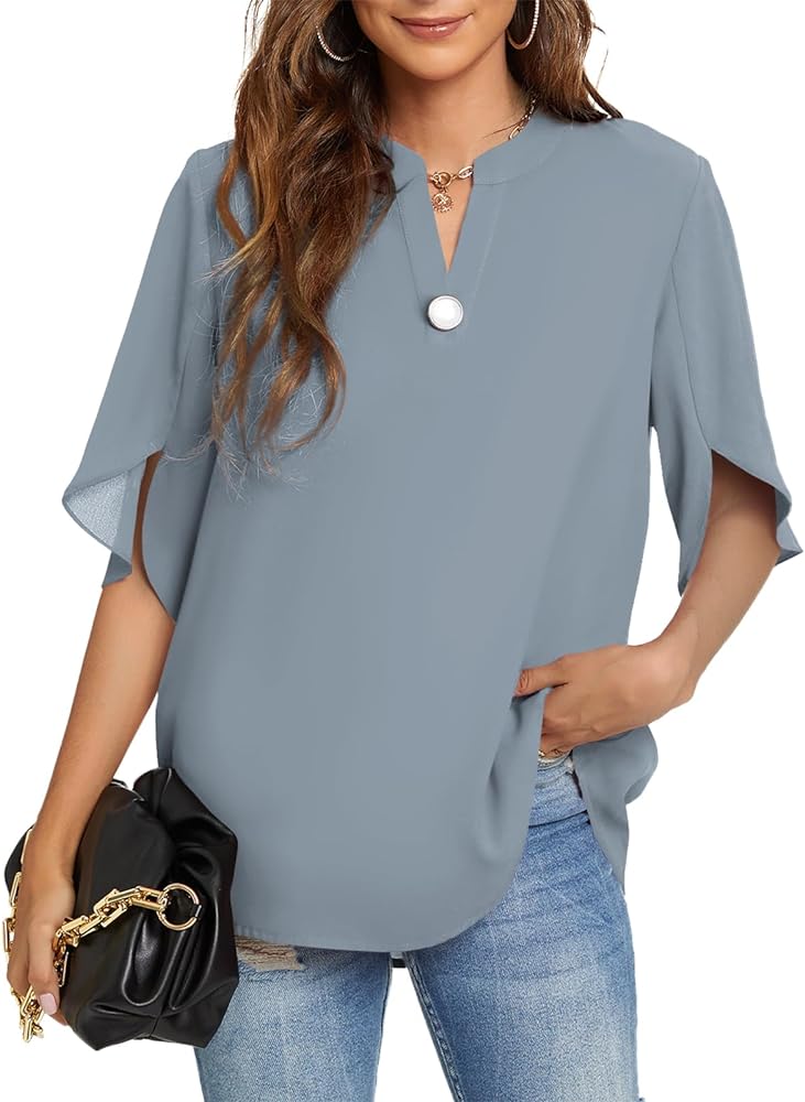 Funlingo Women's Summer Tops Short Sleeve Casual Shirts V Neck Chiffon Dressy Blouse Tops