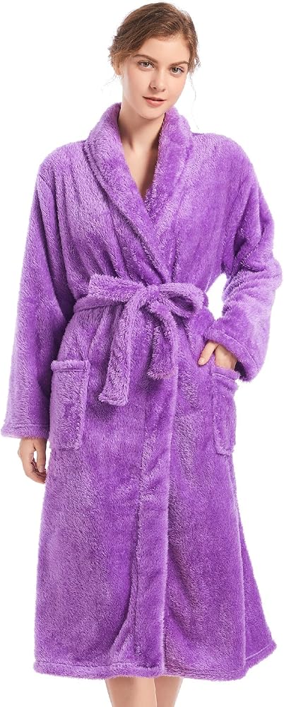 Inner Wish Womens Plush Fleece Robe, Cozy Warm Bathrobe Fuzzy Female Spa Robe With Pockets