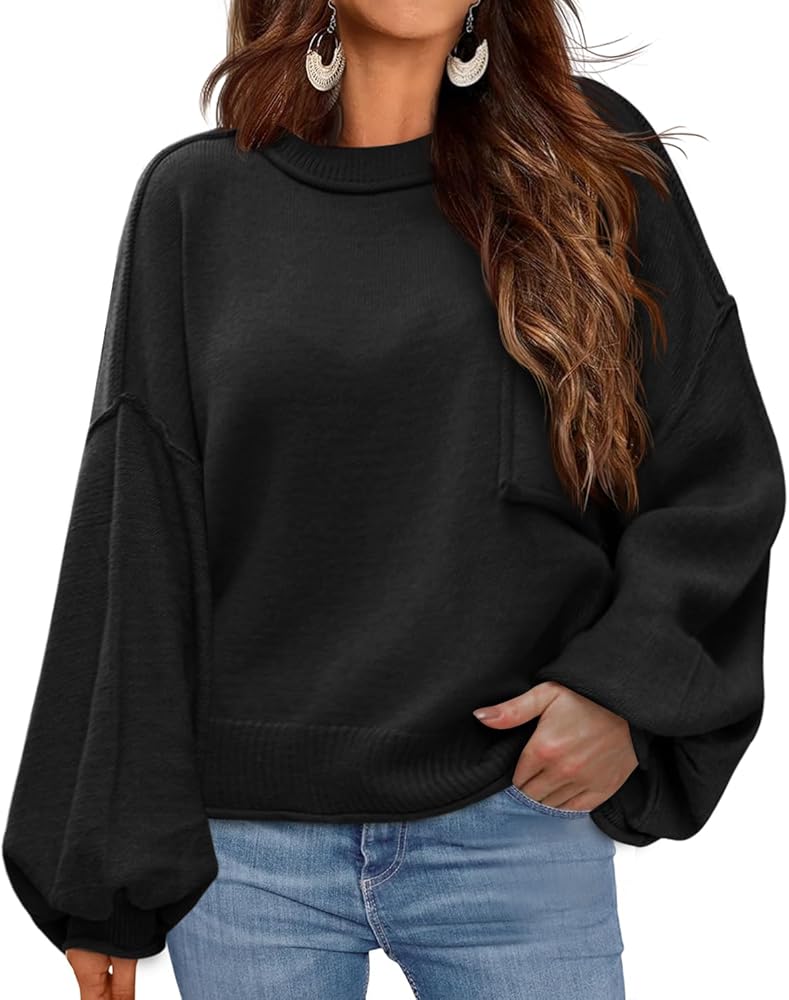 Zeagoo Womens Oversized Sweaters 2024 Fall Fashion Lantern Sleeve Crewneck Knit Pullover Sweater Tops with Pocket