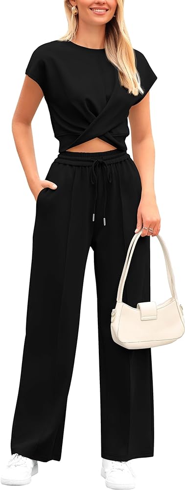 PRETTYGARDEN Women's Summer Two Piece Outfits Tracksuit Twist Front Crop Tops T Shirts Wide Leg Pants Matching Lounge Sets