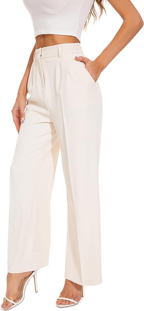 Women Wide Leg High Waist Wide Leg Pants Loose Fit Back Elastic Waist Pleated Front Trousers for Work Casual