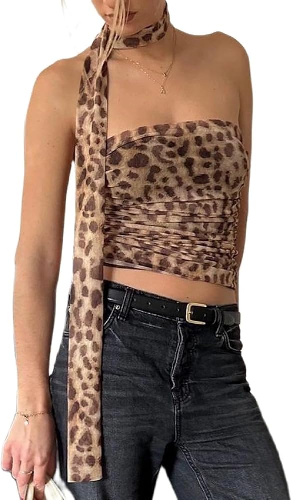 Women Leopard Print Tube Top Sexy Strapless Bandeau Crop Tops Cheetah Print Y2k Going Out Streetwear