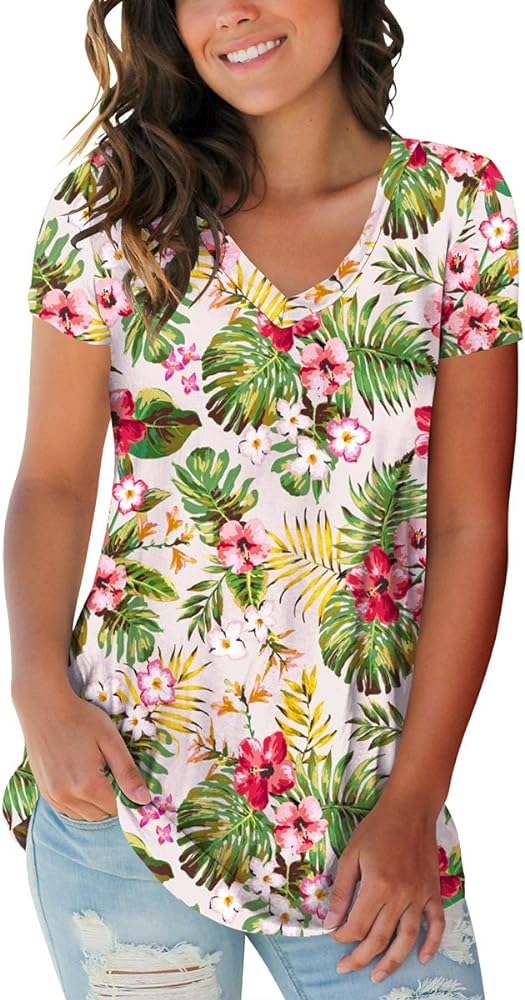 SAMPEEL Womens Summer Tops Floral Tees Short Sleeve Tunic V Neck T Shirts