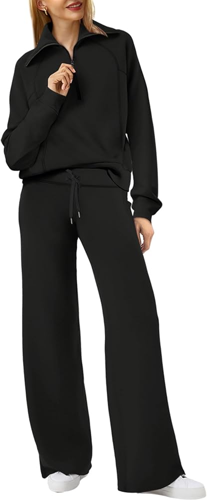 XIEERDUO Lounge Sets For Women 2024 Half Zip Sweatshirt And Wide Leg Sweatpant 2 Piece Outfits Sweatsuit Tracksuit