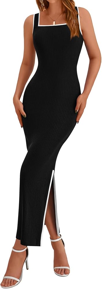 BTFBM Women's 2024 Summer Knit Bodycon Maxi Dress Sleeveless Square Neck Slit Tank Party Club Ribbed Sweater Dresses