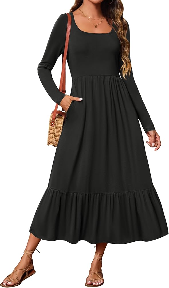 ZESICA Women's 2024 Fall Dresses Long Sleeve Square Neck Casual Pleated Tiered Swing Maxi Dress with Pockets