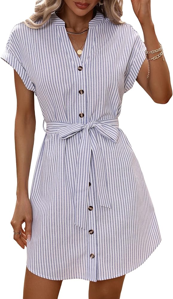 Floerns Women's Striped Print Notched Neck Button Short Sleeve Belted Shirt Dress