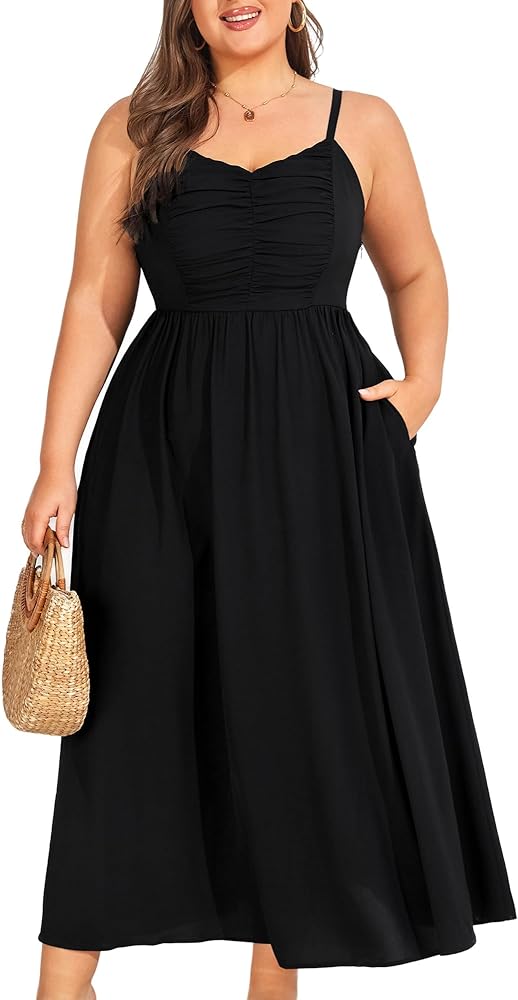 Hanna Nikole Plus Size Floral Maxi Dress Women Sundress with Spaghetti Straps Elegant Ruched Bust with Pocket Vacation Dress