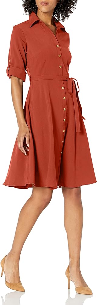 Sharagano Women's Button Front Pleated Shirt Dress, Arabian Spice, 12