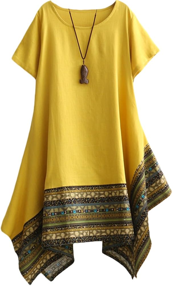 Minibee Women's Ethnic Cotton Linen Short/Long Sleeves Irregular Dress