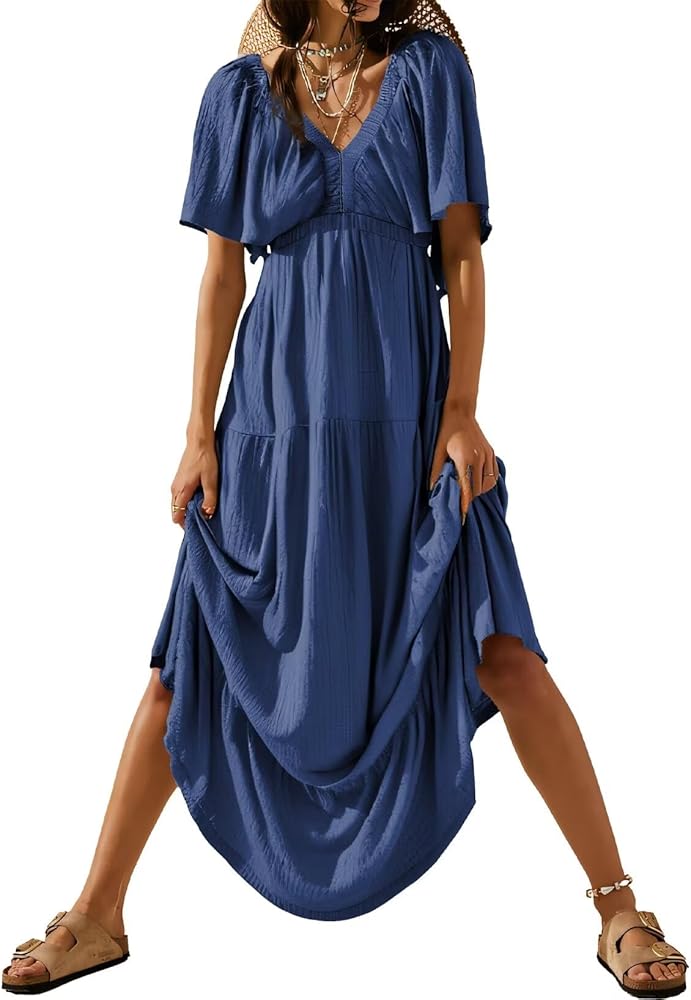 Acelitt Women Casual V Neck Short Sleeve Tiered Long Maxi Dress,S-XXL