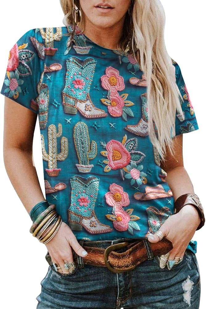 Boho Western Cowgirl Shirts for Women: Vintage Western Rodeo Graphic Tee Cowgirl 3D Digital Printing Short Sleeve Tops