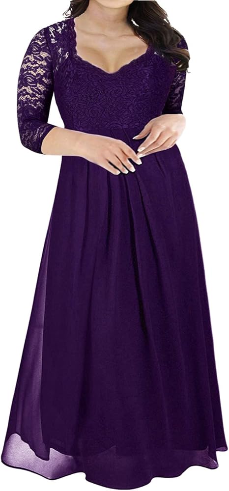 Nemidor Women's Deep- V Neck 3/4 Sleeve Lace Vintage Plus Size Bridesmaid Formal Maxi Dress