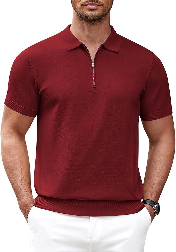 COOFANDY Mens Knit Polo Shirts Short Sleeve Quarter Zip Polo Casual Collar T Shirts Retro Polo Shirt Classic Golf Shirt