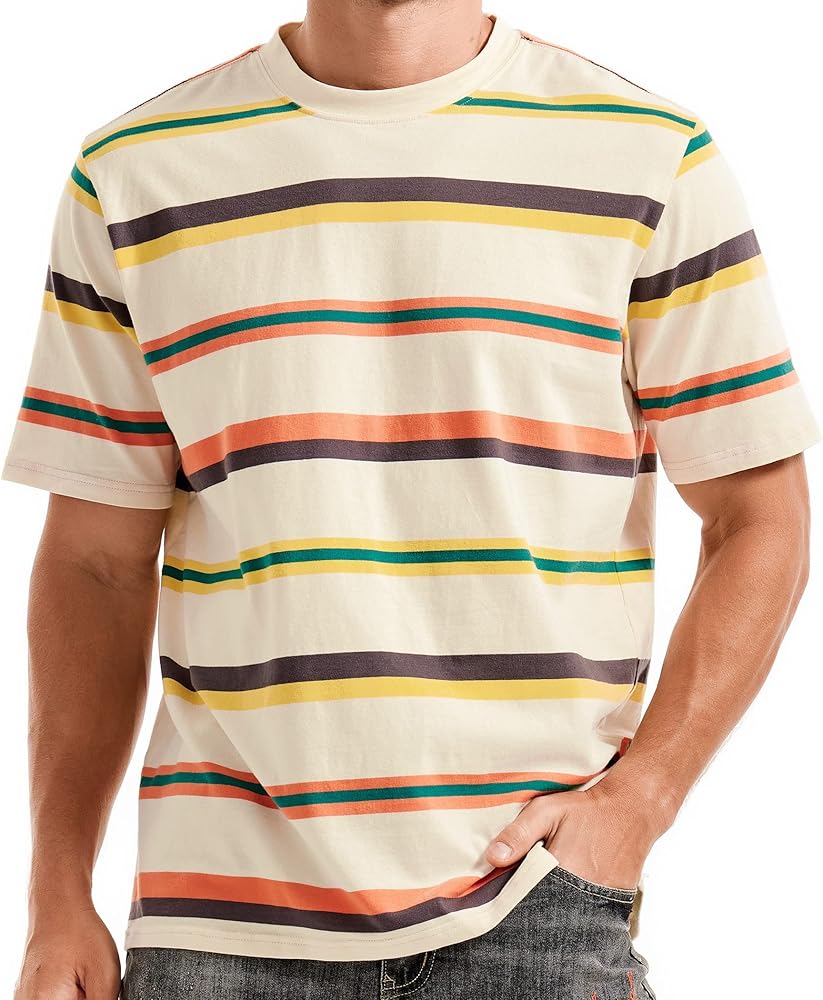 KLIEGOU Men's Fashion Loose Fit Crewneck Stripe T-Shirt