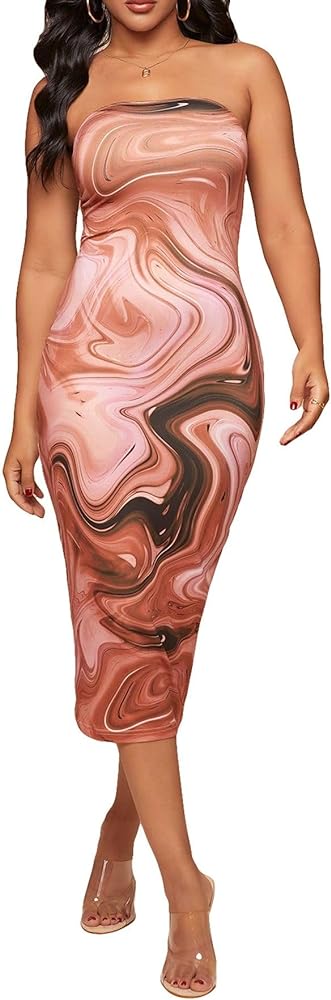 Verdusa Women's Strapless Open Back Marble Print Long Bodycon Tube Dress