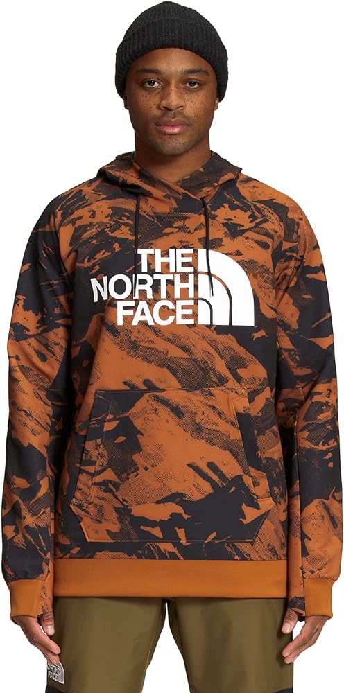 THE NORTH FACE Men's Tekno Logo Water-Repellent Fleece Hoodie, Leather Brown Tonal Mountainscape Print, Large Regular