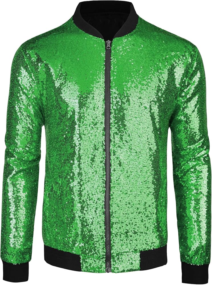 Lars Amadeus Men's Varsity Jacket Halloween Party Disco Shiny Sparkly Glitter Bomber Sequins Jacket