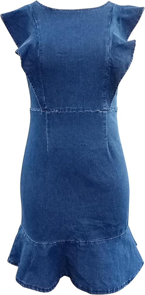 MYHALF Women's Casual Round Neck Ruffle Trim Sleeveless Denim A Line Mini Dress