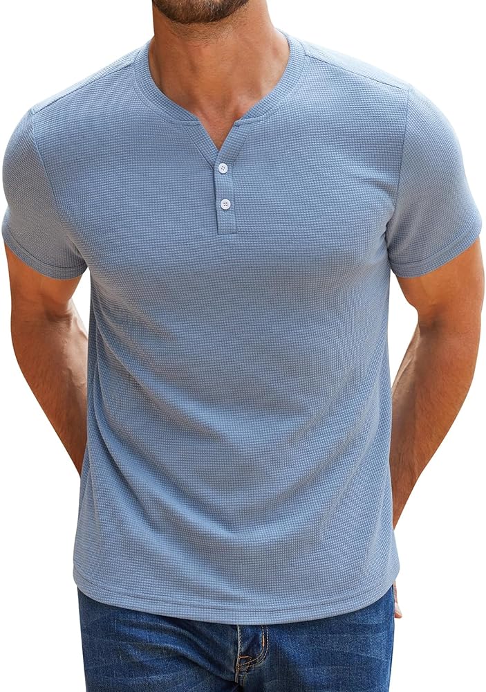 RQP Men's Henley Shirts Short Sleeve Waffle Stretch T Shirts Summer Casual Stylish Tops