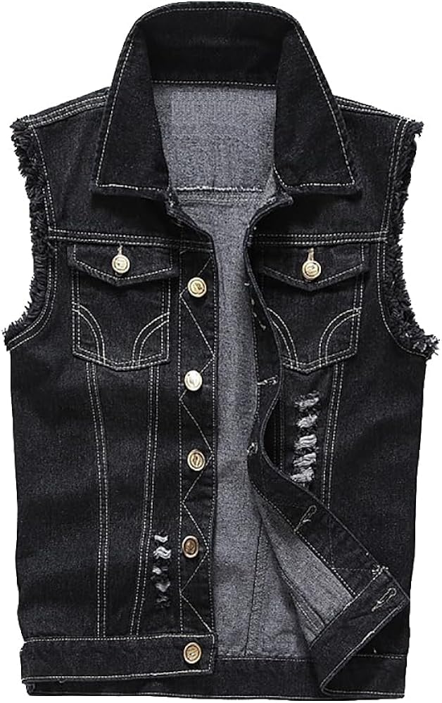 Men's Denim Vest Jean Vest Motorcycle Jacket Casual Style Sleeveless Ripped Denim Jacket