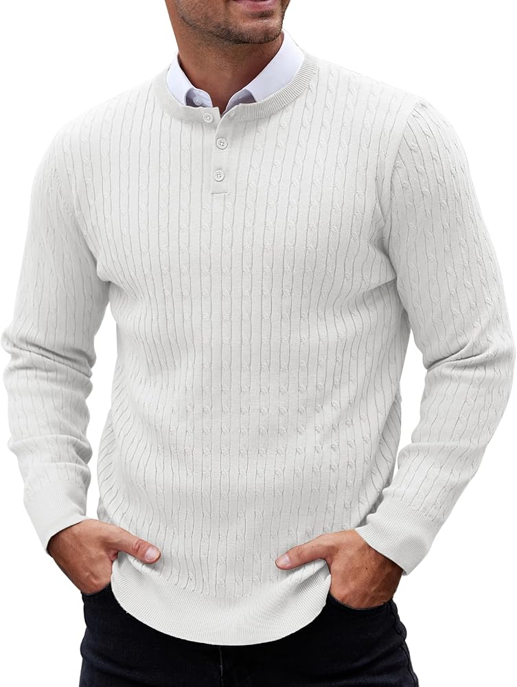 COOFANDY Men's Henley Knit Sweater Long Sleeve Button Down Crewneck Sweaters and Pullovers