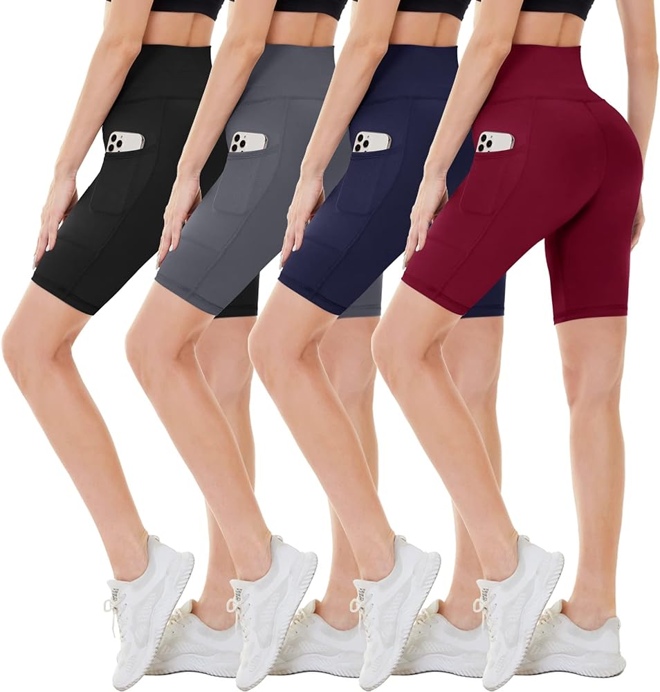 CAMPSNAIL 4 Pack Biker Shorts Women with Pockets – 5"/8" High Waist Tummy Control Workout Gym Yoga Running Compression Shorts