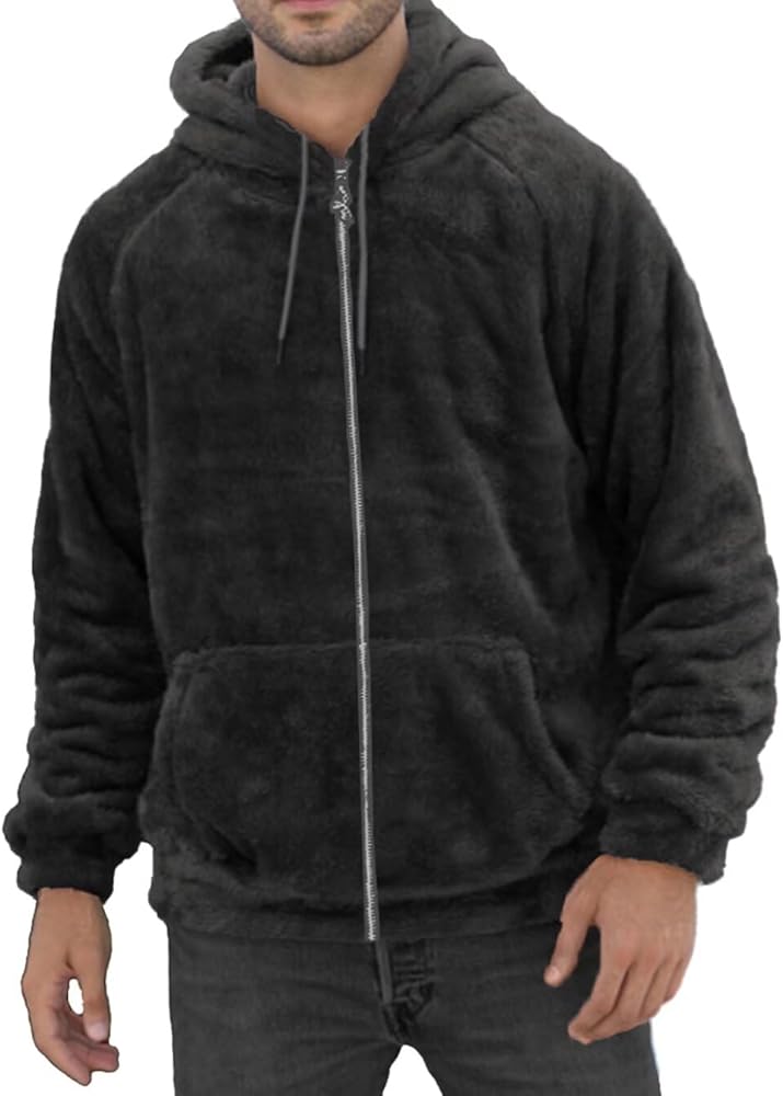 Mens Fuzzy Zip Hoodie Sweatshirt Sherpa Plush Zipper Jacket with Hood for Men