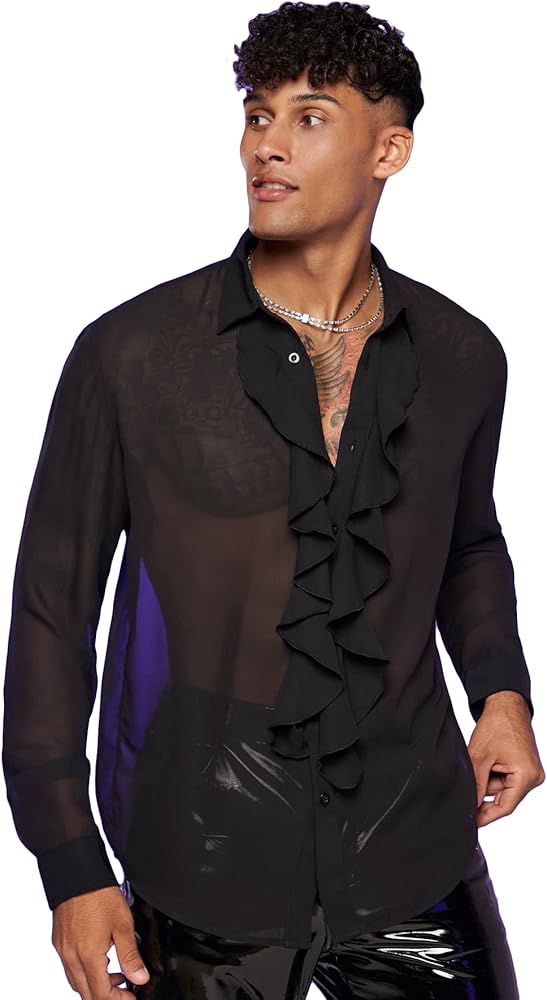 Verdusa Men's Long Sleeve Sheer Mesh Ruffle Trim Button Down Shirt Top