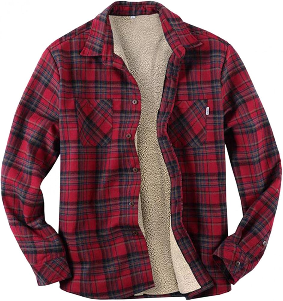 WUAI-Men Casual Sherpa Fleece Lined Plaid Flannel Shirts Jackets Heavyweight Thermal Button Up Winter Work Coat Outwear(Wine Red,Large)