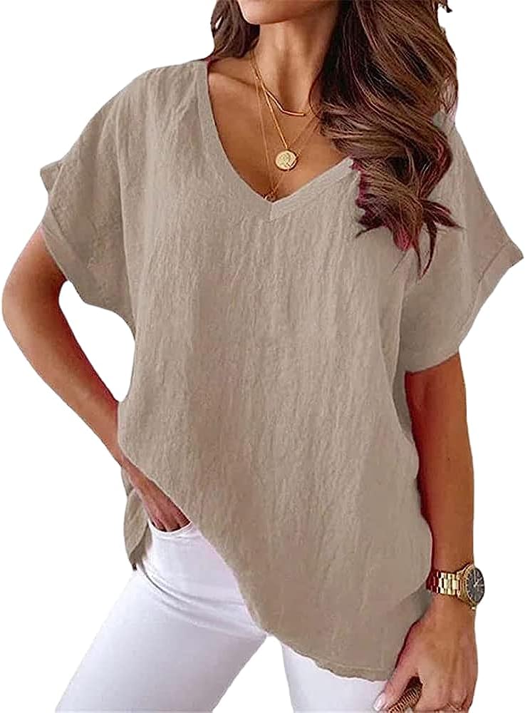 Womens Short Sleeve Cotton Linen Shirts Causal V-Neck Batwing Oversized T-Shirt Solid Color Loose Summer Tops