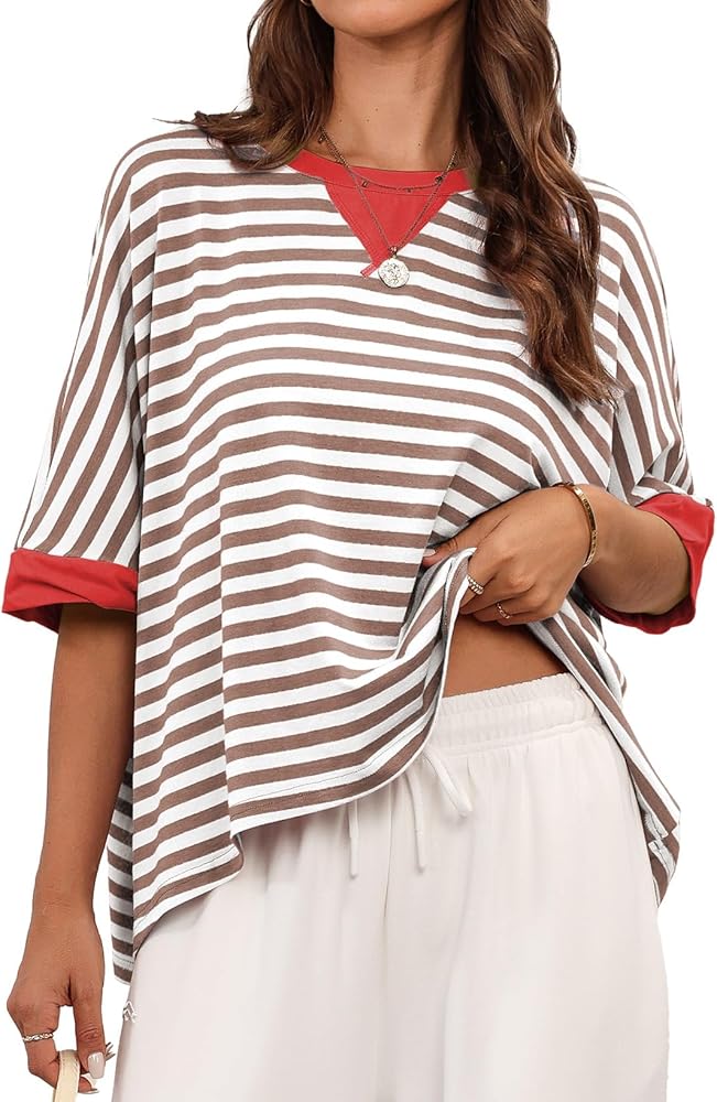 Dokotoo Oversized Tshirts for Women Striped Summer 2024 Women's Fashion Loose Basic Tee