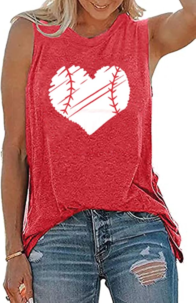 TAOHONG Baseball Tank Top Women Heart Print Baseball Tanks Cute Workout Graphic Casual Summer Sleeveless Shirt Vest Top