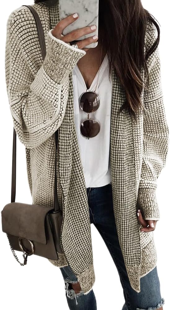 Sidefeel Womens Plaid Long Sleeve Open Front Cardigan Oversized Chunky Knit Sweaters Coat