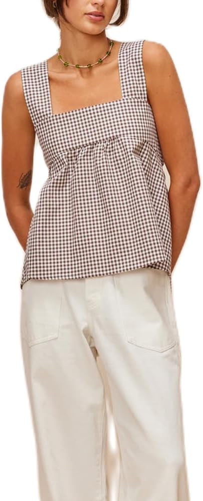 Women Y2k Going Out Tank Tops Gingham Square Neck Peplum Cami Tank Sleeveless Backless Shirt Bowtie Blouse Summer