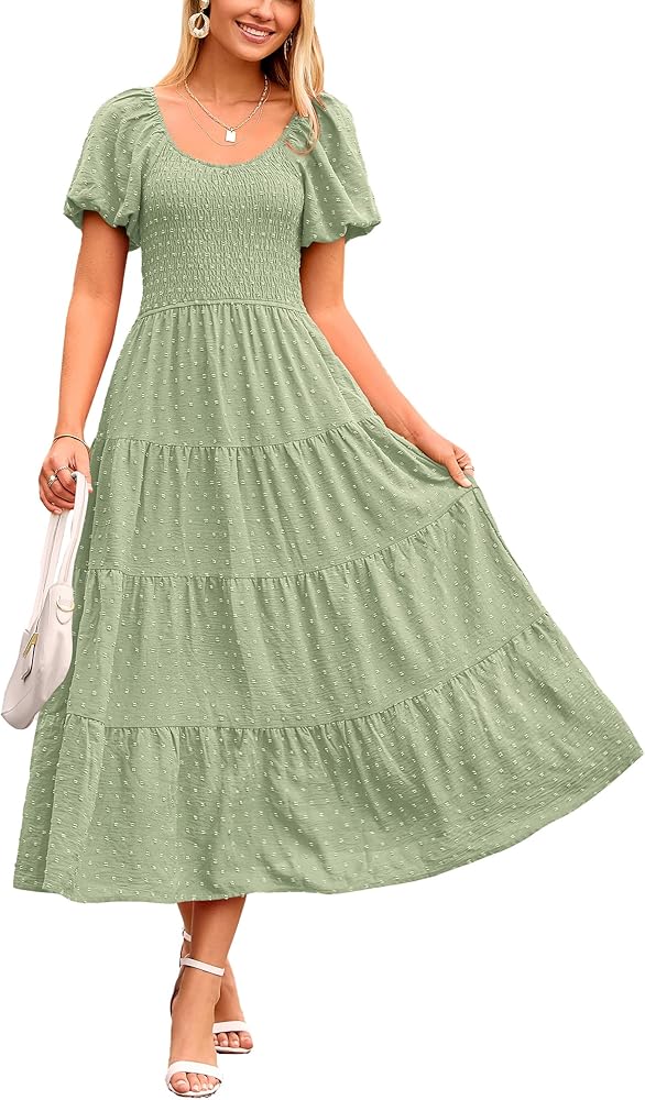 PRETTYGARDEN Women's Summer Casual Midi Dress Puff Sleeve Swiss Dot Long Flowy A Line Dresses