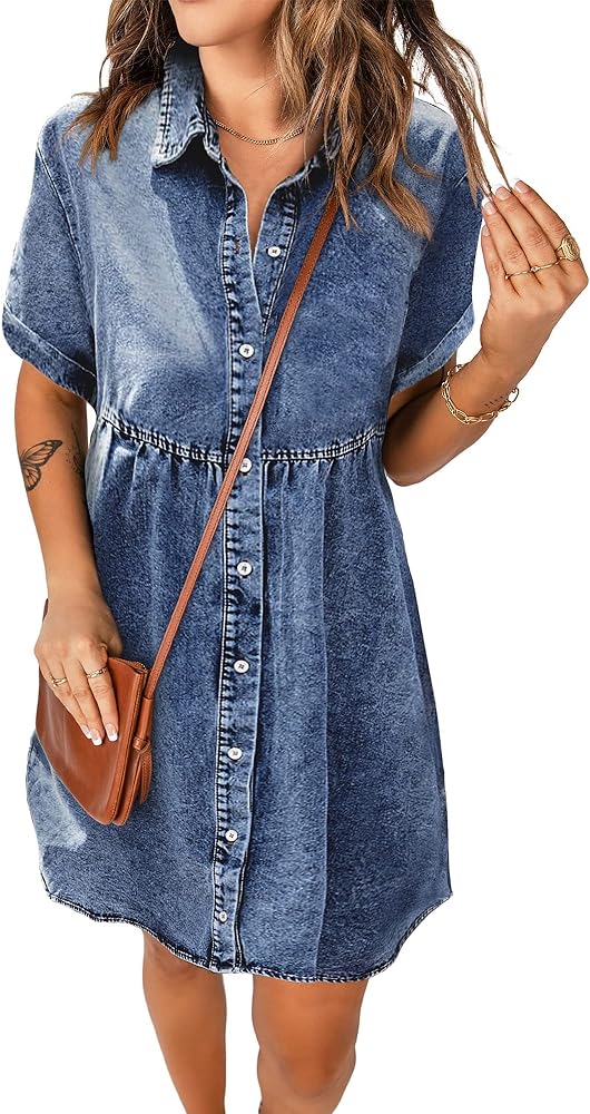 Women's Denim Dress for Women Blue Jean Dress Casual Summer Short Sleeve Denim Dresses with Pockets