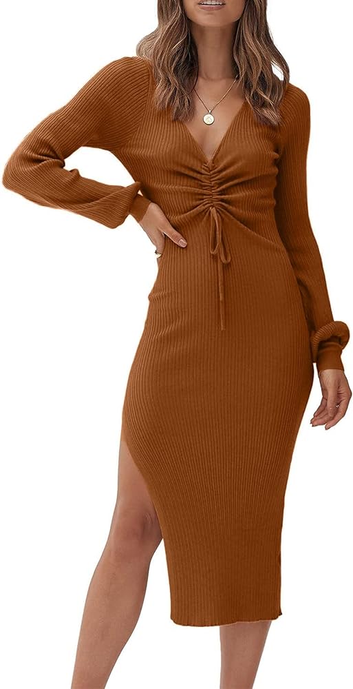 PRETTYGARDEN Women's Midi Sweater Dress Long Lantern Sleeve Ruched V Neck Drawstring Side Slit Knit Bodycon Dresses