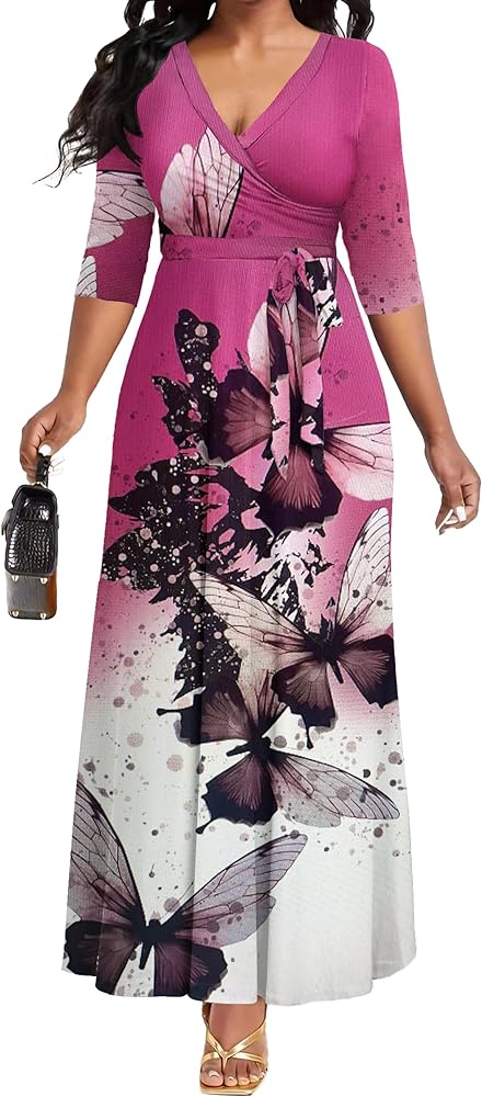 FANDEE Women's Maxi Dress 2024 Floral Print Boho Dress Summer Long Maxi Dress V-Neck 3/4 Sleeve with Pocket