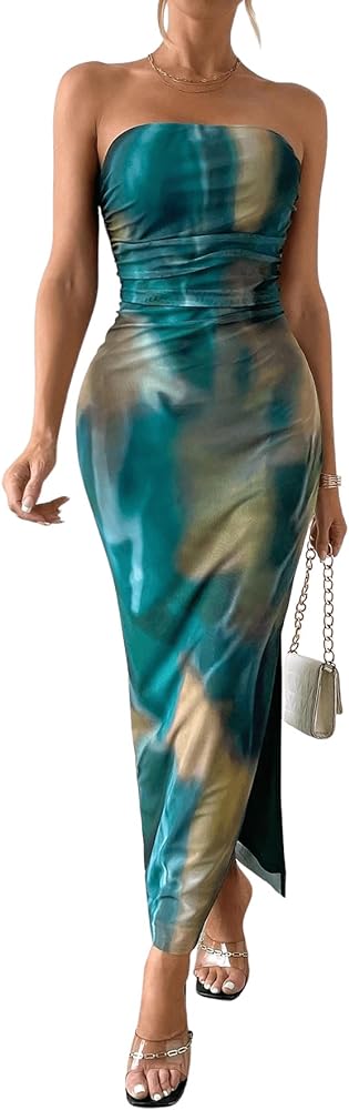 Floerns Women's Tie Dye Strapless Ruched Split Thigh Bodycon Long Tube Dress