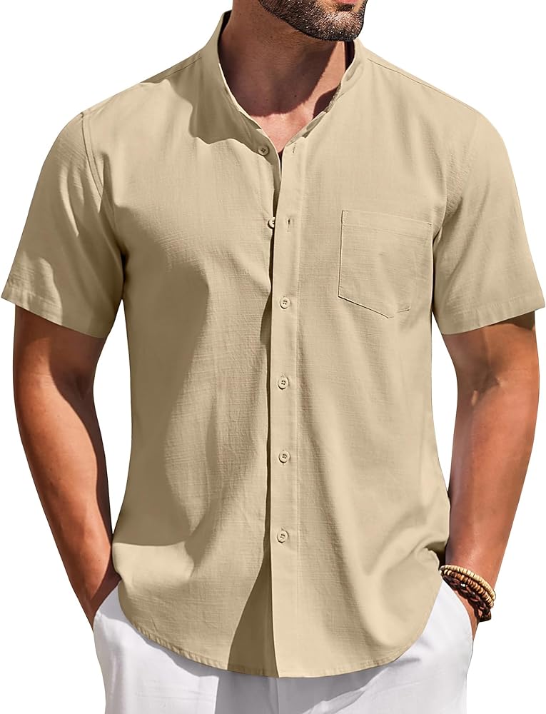 COOFANDY Men's Casual Button Down Cotton Shirts Short Sleeve Band Collar Beach Summer Shirt Tops