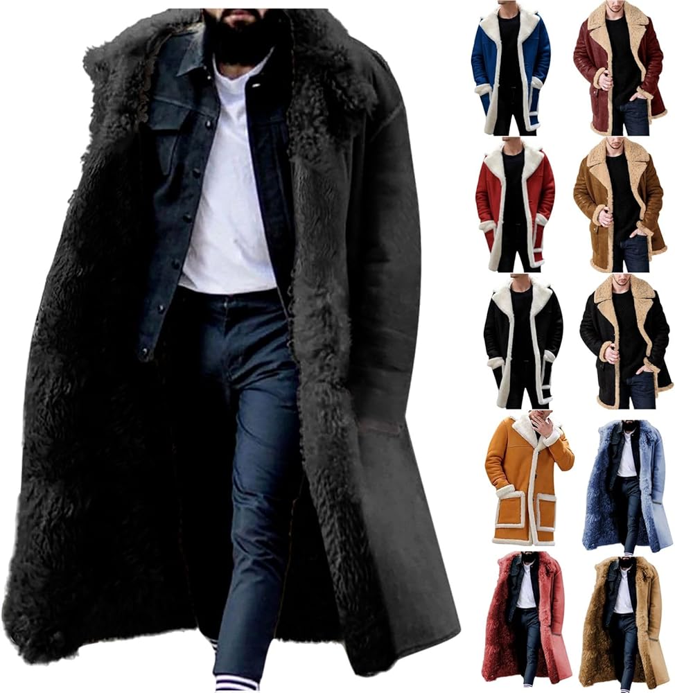 Sherpa Lined Long Jacket Men Faux Leather Shearling Jacket Fur Collar Long Trench Coats Winter Sheepskin Fleece Coat