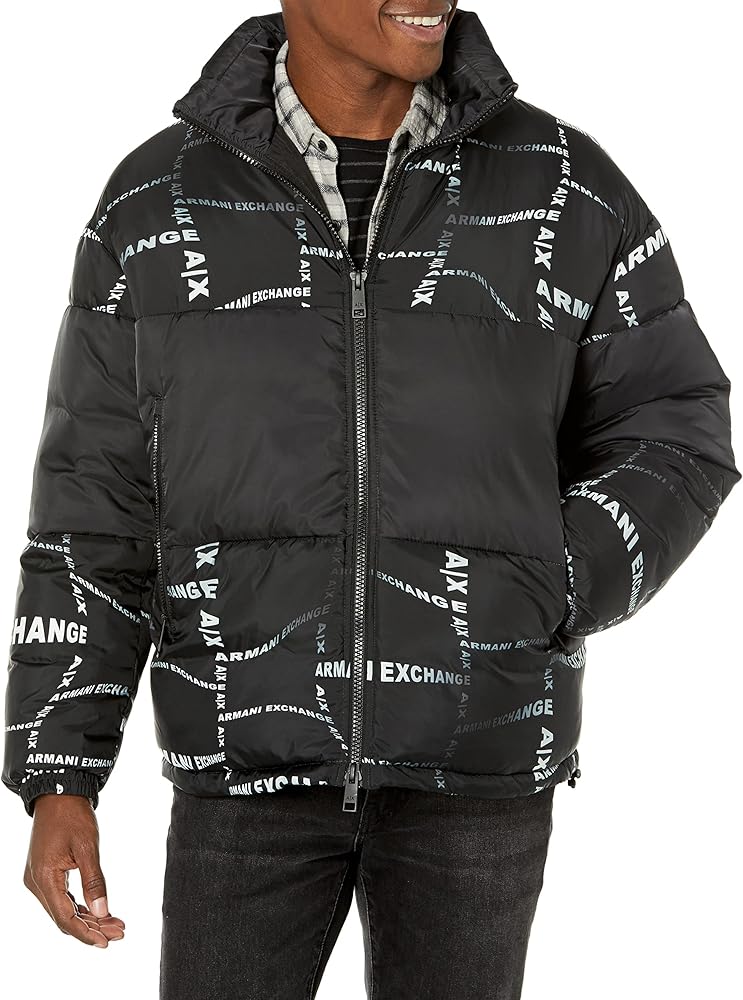 A｜X ARMANI EXCHANGE Men's Optical Allover Logo Puffer Jacket