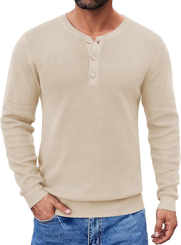 COOFANDY Men's Crewneck Lightweight Sweaters Quarter Button Sweatshirts Long Sleeve Slim Fit Waffle Knitted Pullover