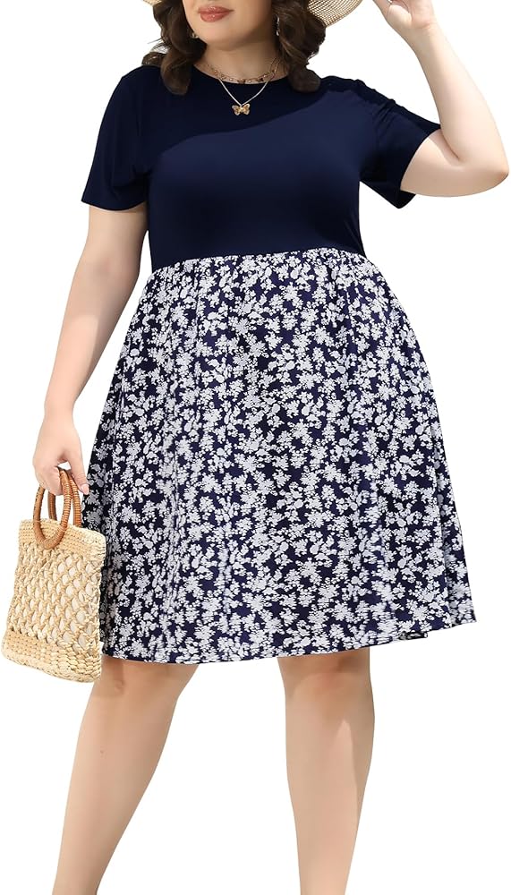 Plus Size Dresses for Women 2024 Casual Summer Short Sleeve Midi A-line Patchwork Floral Dress with Pockets