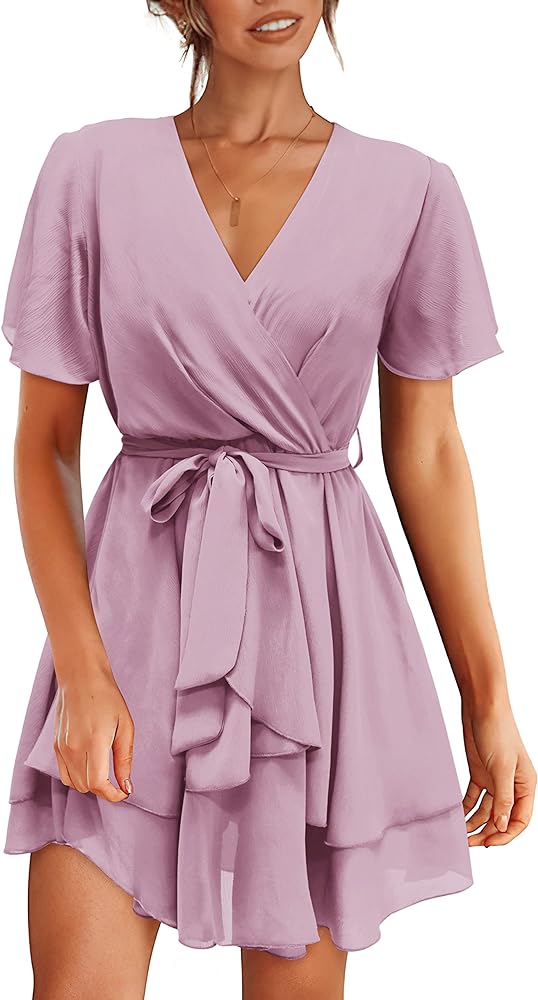 Amkoyam Women's 2024 Summer Short Sleeve V Neck Dresses Elegant Solid Tie Waist Swing Ruffle Faux Wrap Party Mini Dress