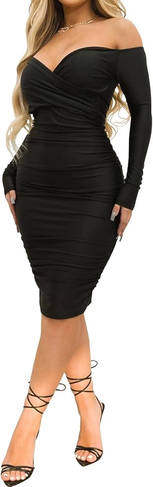 Uni Clau Women's Sexy V Neck Off Shoulder Ruched Bodycon Dress Long Sleeve Slim Fit Cocktail Midi Dress Party Dresses