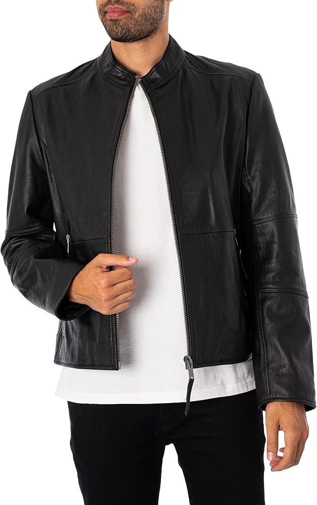 HUGO Men's Lokis-3 Slim Fit Leather Jacket with Stand-Up Collar