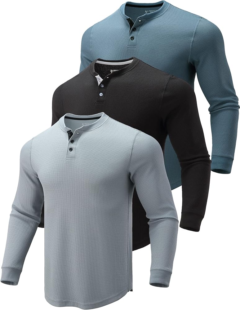 3 Pack Mens Long Sleeve Waffle Henley Shirts Thermal Casual Fit Fashion Lightweight Apparel